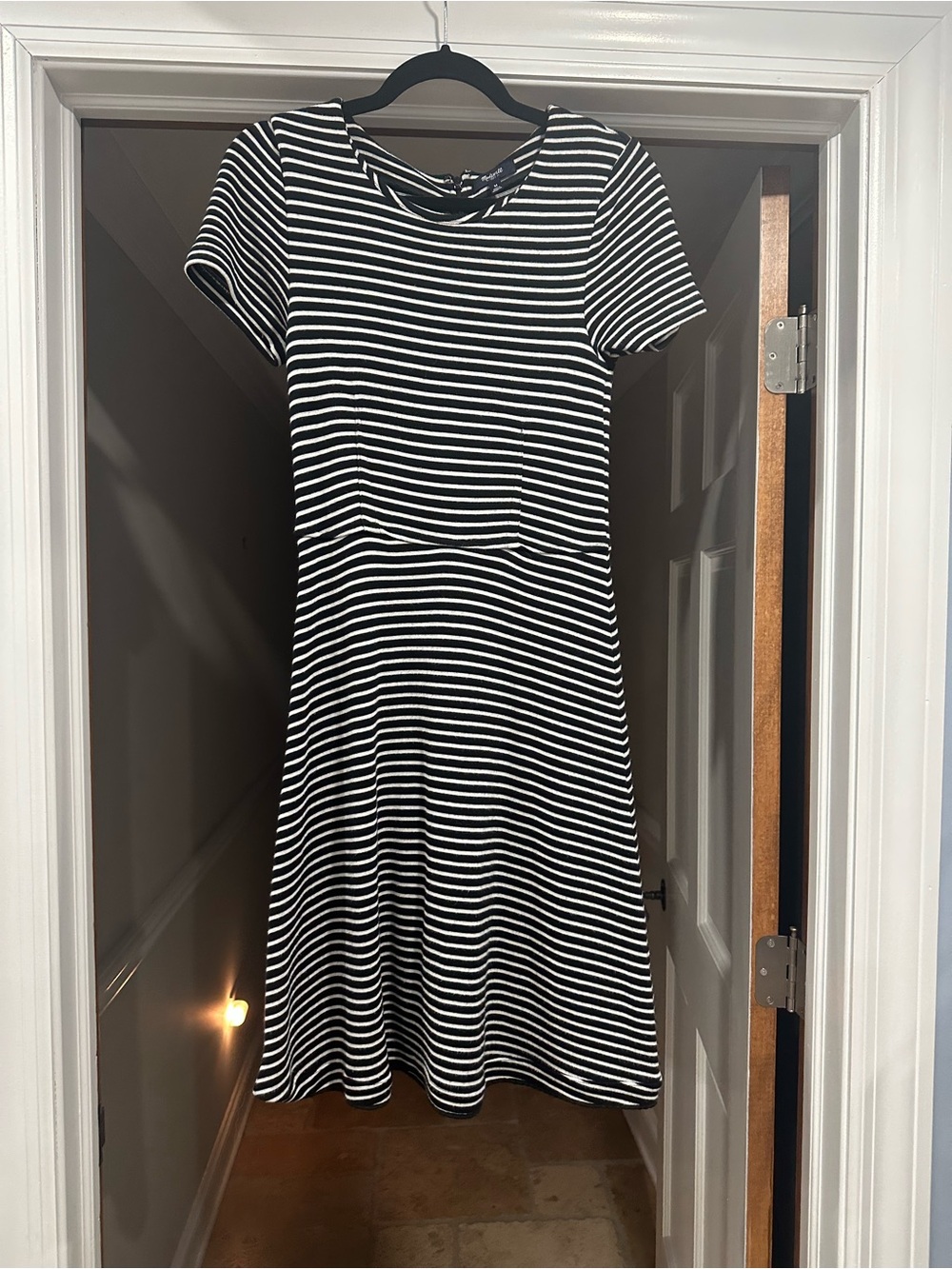 Madewell- Black & White Striped Short Sleeve Fit-and-Flare Dress